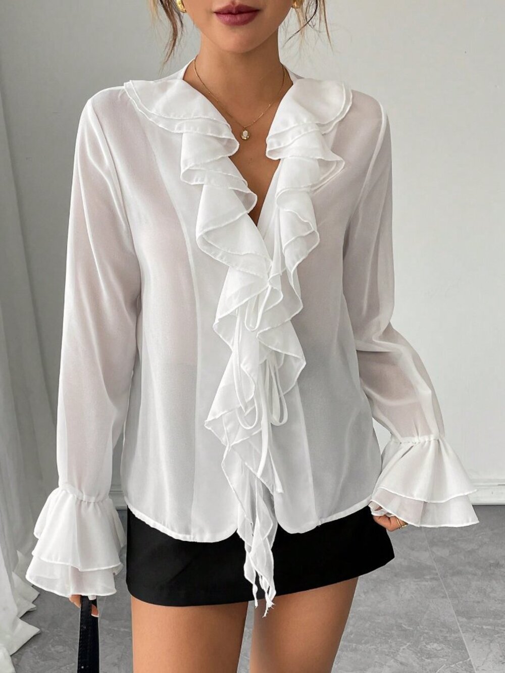 White Casual Women's Babydoll Ruffle V-Neck Long Sleeve Shirt with Tie-Up Detail - Picture 6 of 6
